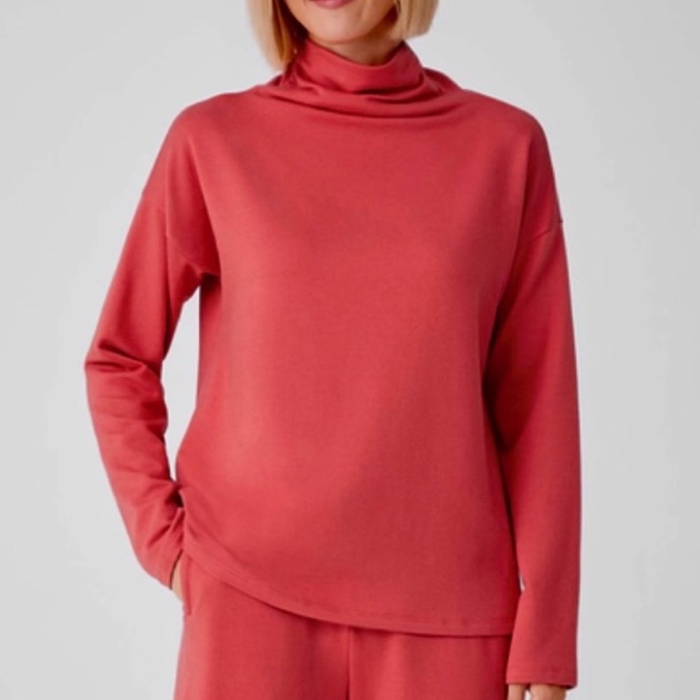 Eileen Fisher Cozy Brushed Terry Funnel Neck Long Sleeve Box Top Watermelon XL